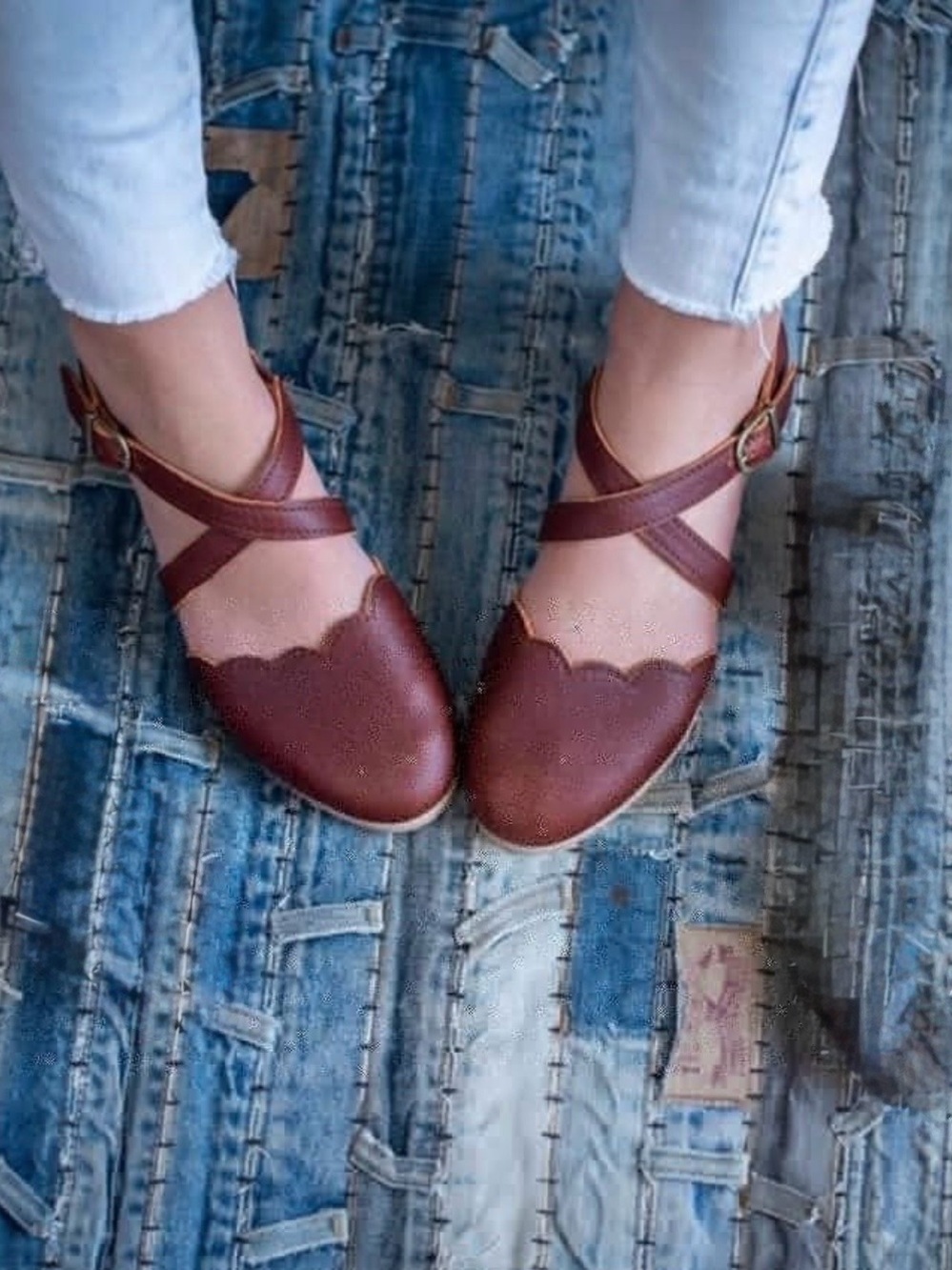 Scalloped Cross-Strap Leather Flats in Brown